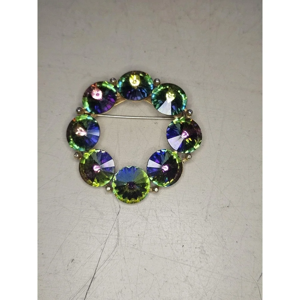 Vintage WEISS Rivoli Rhinestone Brooch Watermelon AB Wreath Gold Tone Pin